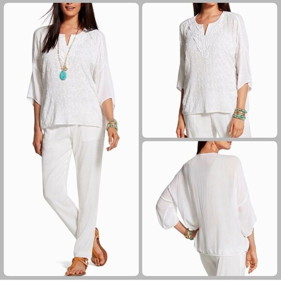 Chico's Tops - Chicos Shiloh Summer Embroidered Sequin 3/4 Sleeve Relaxed Fit Blouse Size 2